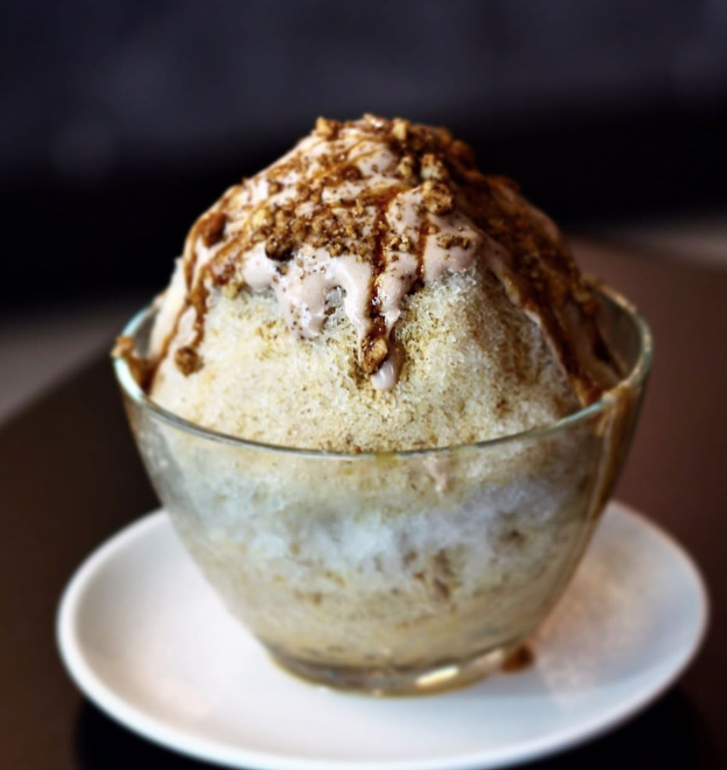 Coffee Shaved Ice with Banana Cream, Date Syrup, and Sweet & Salty Coffee Peanut Crumble