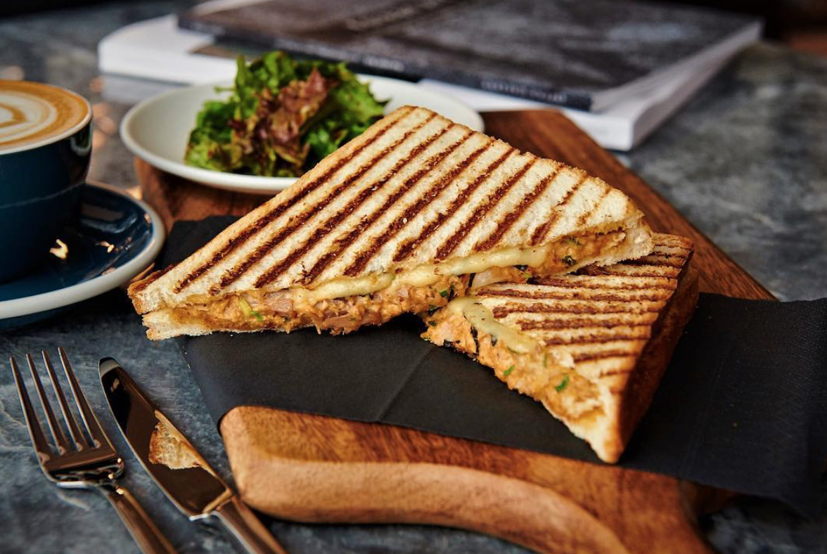 Spiced Kimchi Tuna Melt Sandwich with Hot Emmental cheese and Savoury Seaweed