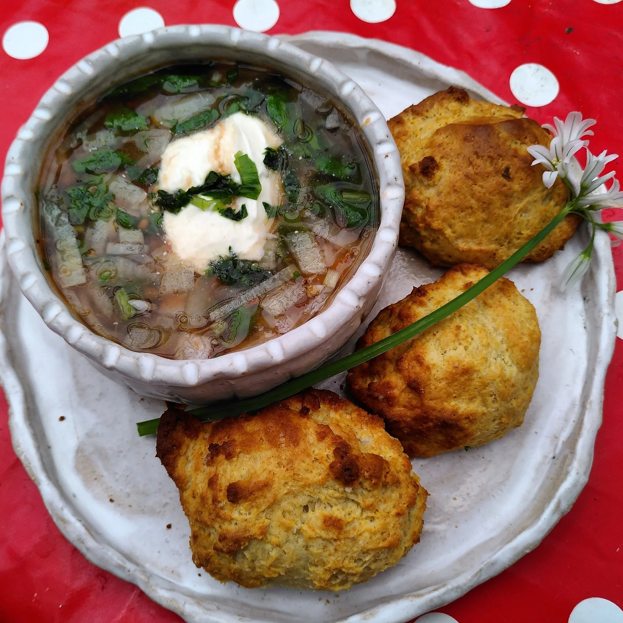 Farm 2 Fork Goes Online - Leafy Tomato Soup + Three-cornered Leek Biscuits