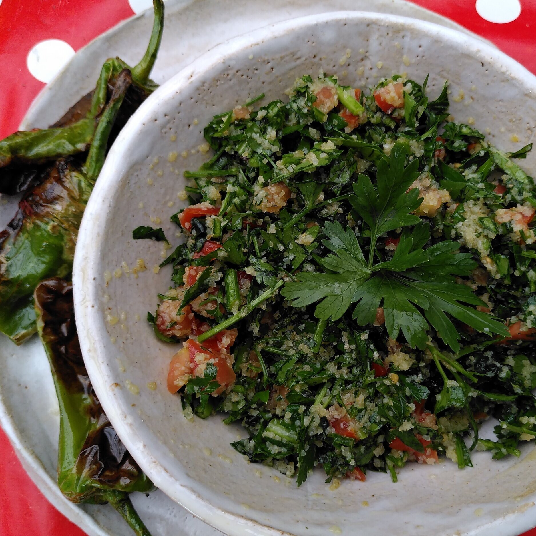Farm 2 Fork Goes Online - Kale Tabbouleh + Padron Peppers