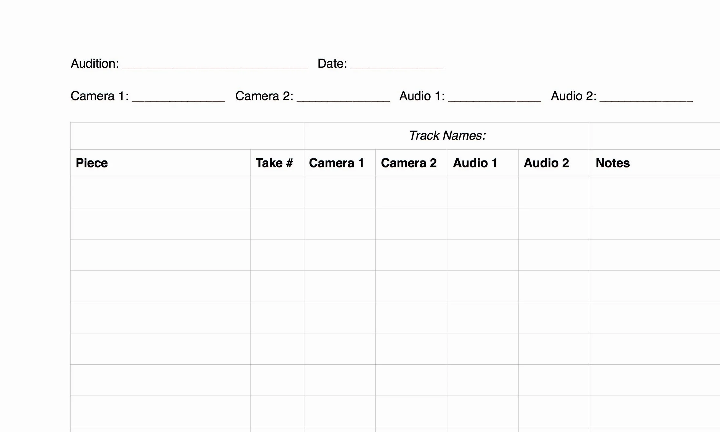 Audition Recording Note-Taking Sheet — Alex Goodin