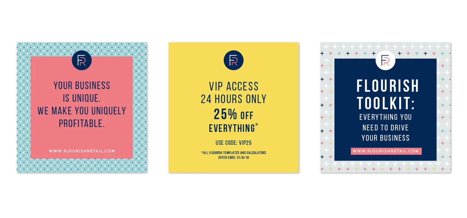 Portfolio project: Flourish Retail Instagram social media feed graphics | Beehive Green Design Studio