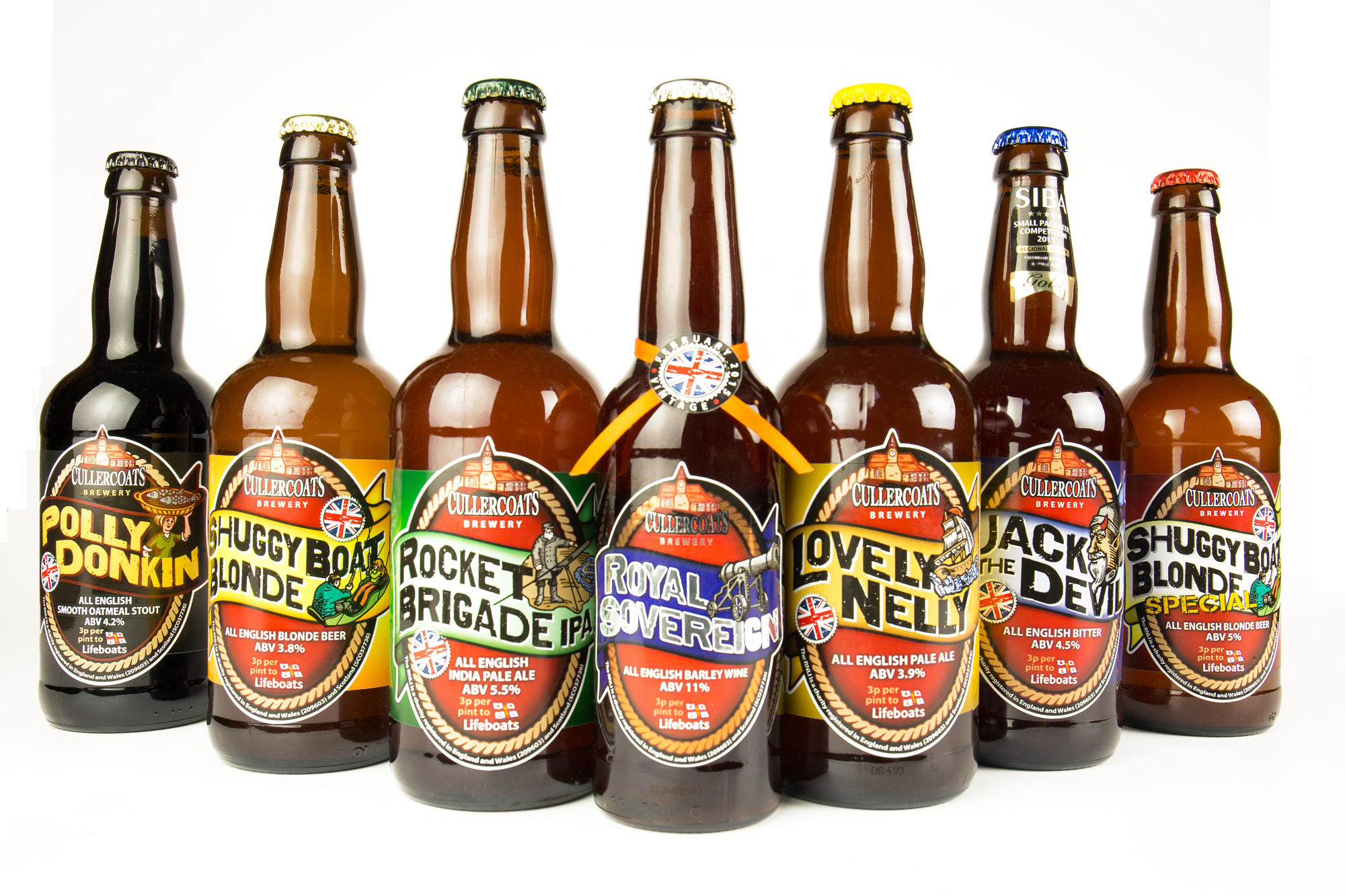 studio shot of 7 bottles of beer