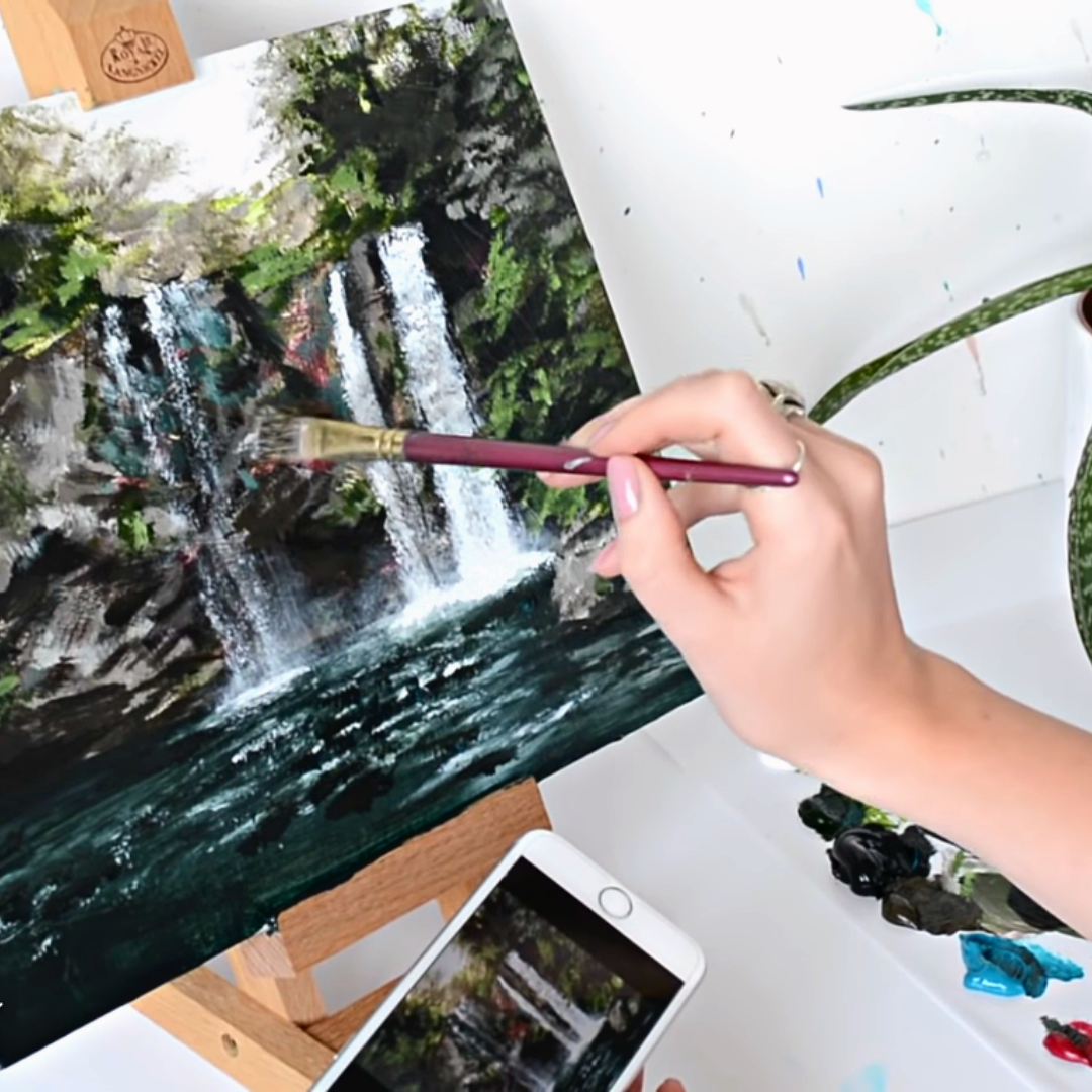How To Paint In Acrylic | Waterfall Tutorial (ONE BRUSH ONLY)