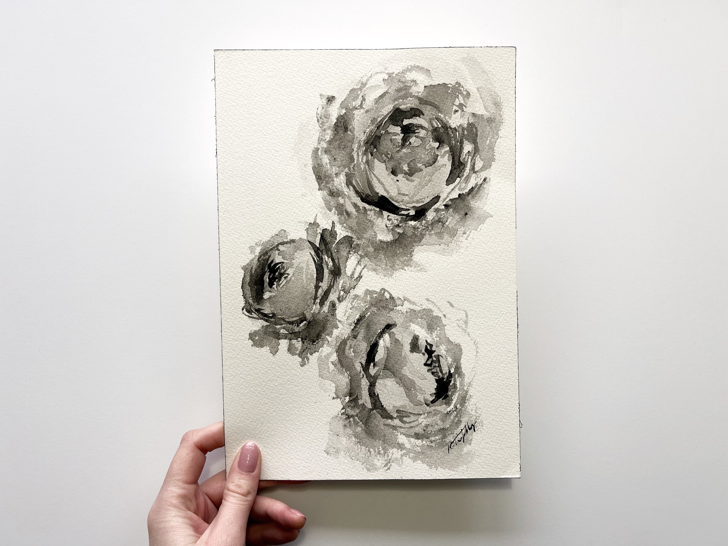 Botanical Rose Painting Floral Ink Watercolour 10x7"