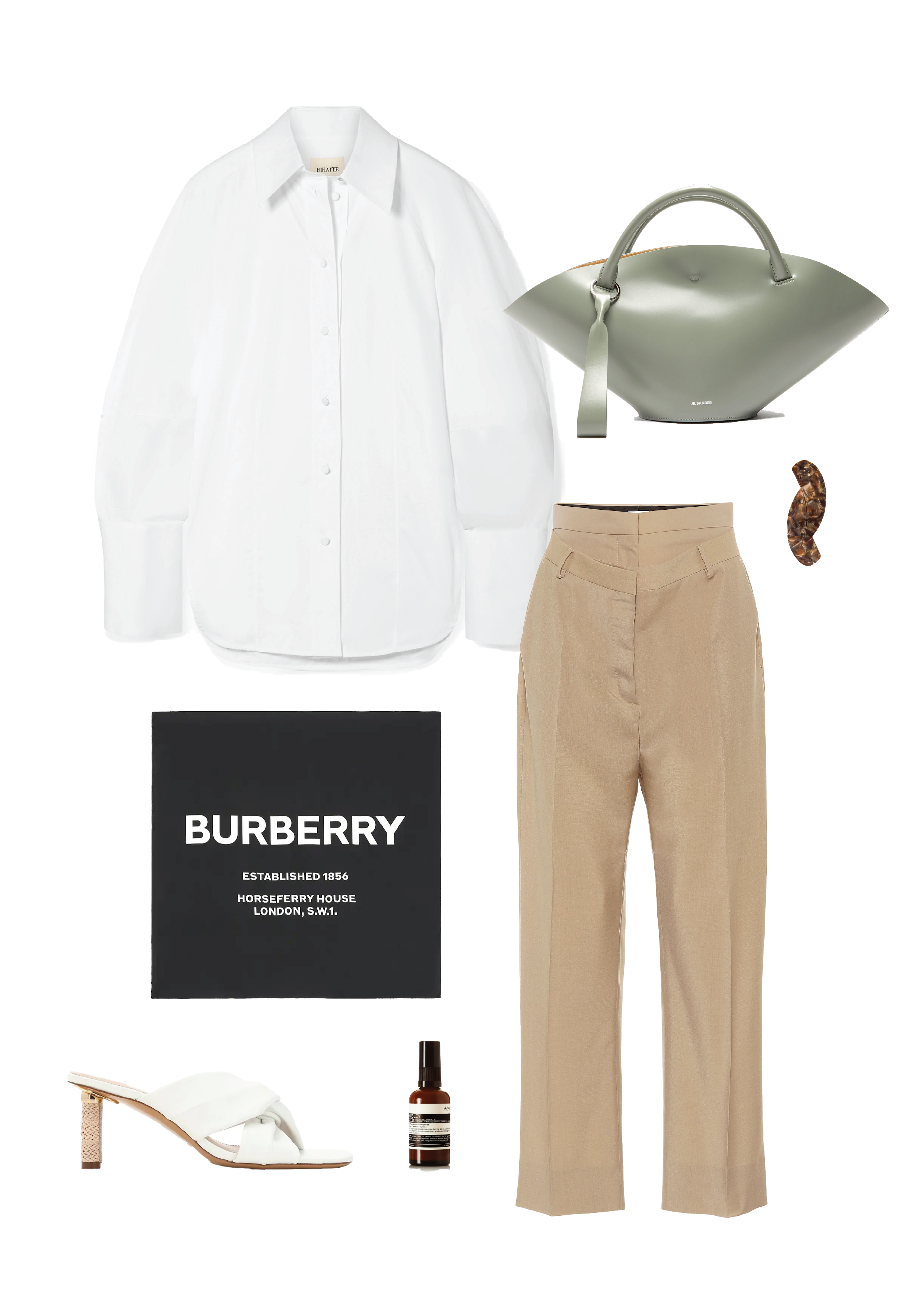 SHIRT / TROUSERS / HANDBAG / SANDALS / SCARF / HAIR BARETTE / FACE HYDRATOR