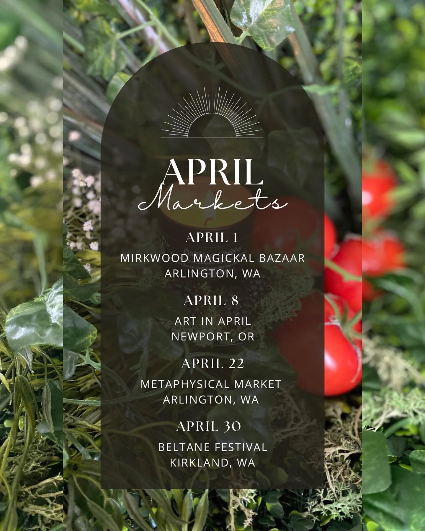 Mark your calendars for my upcoming April markets! For the first time I&rsquo;ll be doing an event in Oregon.

April 1 - the Mirkwood Magickal Bazaar in Arlington, WA

April 8 - Art in April in Newport, OR

April 22 - Metaphysical Market in Arlington