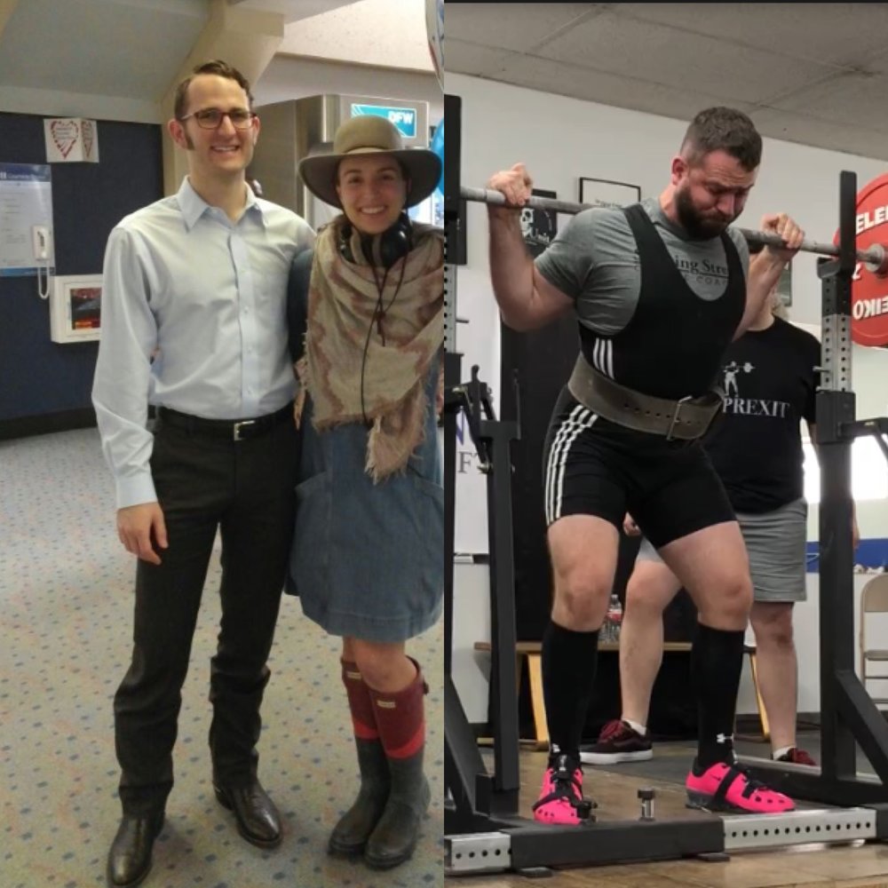 On the left Trent Jones prior to systematic strength training. On the right Trent Jones lifts 411 lbs during a "Starting Strength" meet.