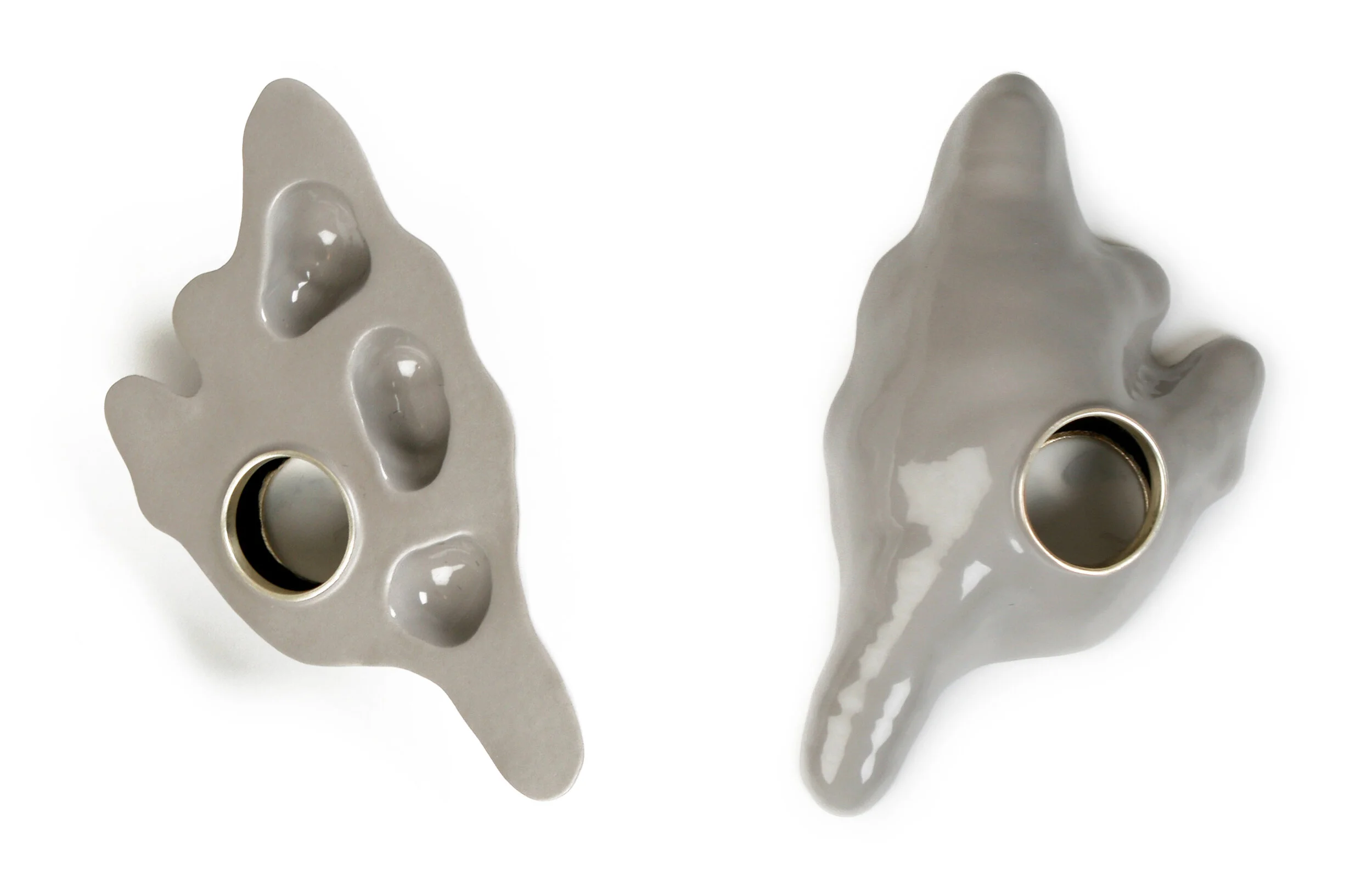  front and back view of ring, copper, sterling silver, powder coat, rayon flock, hand die formed, hollow constructed 