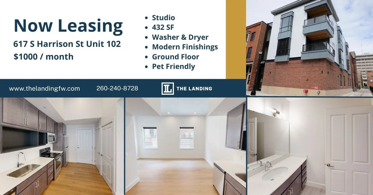 Now leasing!✨
Check out this modern ground-floor studio at 617 S Harrison St, Unit 102.
Pet-friendly, in-unit washer &amp; dryer, sleek finishes, and steps from everything downtown.
$1000/month &mdash; available now.
Schedule a tour at the link in ou