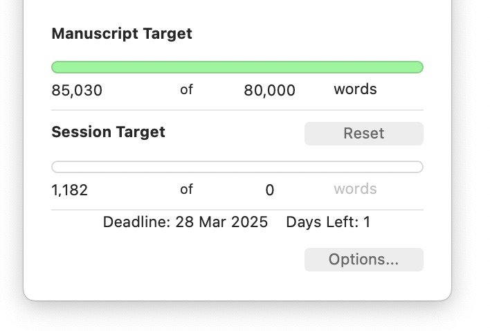 I cannot fiddle with this book any more. It is DONE. 

The 11th novel I've finished. I think it's safe to say it's an addiction. 🙃

For those who are interested in this kind of thing: I started writing this book on 4 November last year. Finished a v