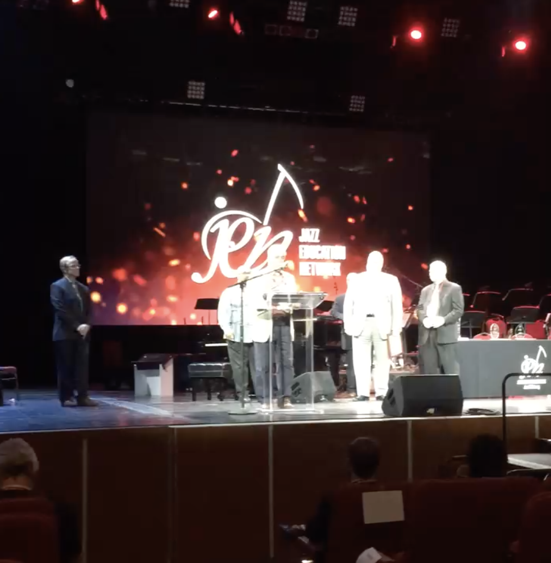 CEHS Music teacher Tom Lizotte receiving the “John LaPorta 2019 Jazz Educator of the Year” award on January 9, 2019.