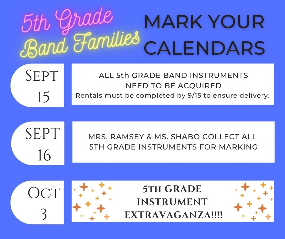 🎉 Important Dates for 5th Grade Band Families 🎉