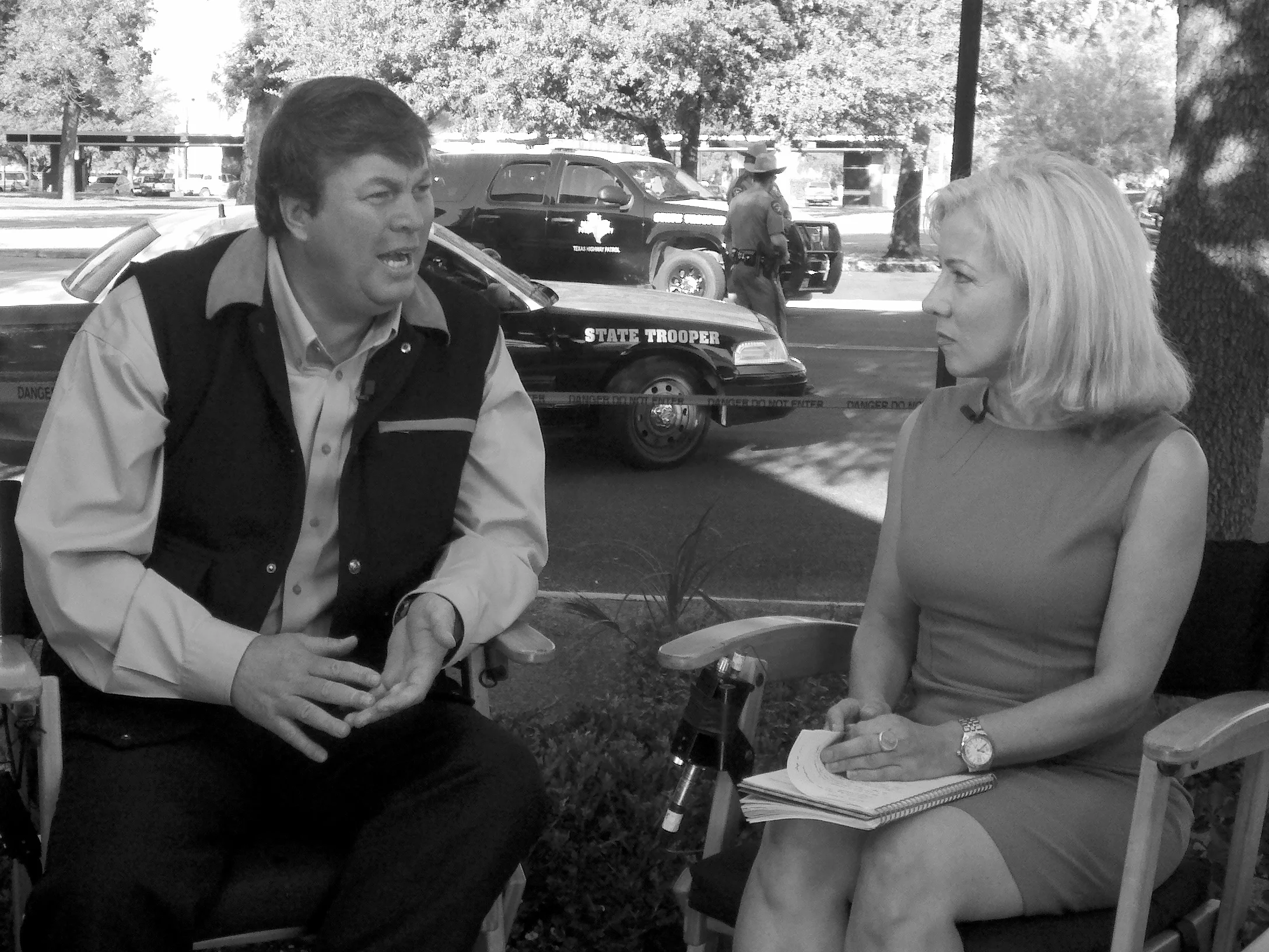 Interviewing Willie Jessop at the trial of polygamist leader Warren Jeffs moments after Jeffs was convicted of rape in San Angelo, Texas. Jessop was once part of Jeffs's inner circle but was estranged by the time of the trial.