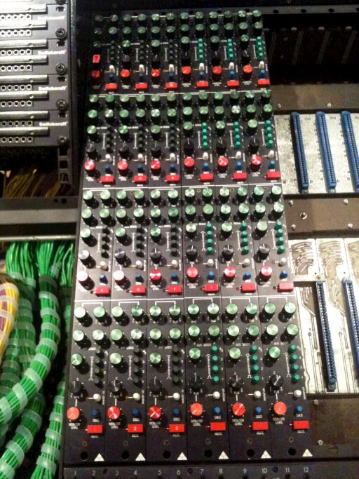 Channel strips from the Trident desk laid out during restoration