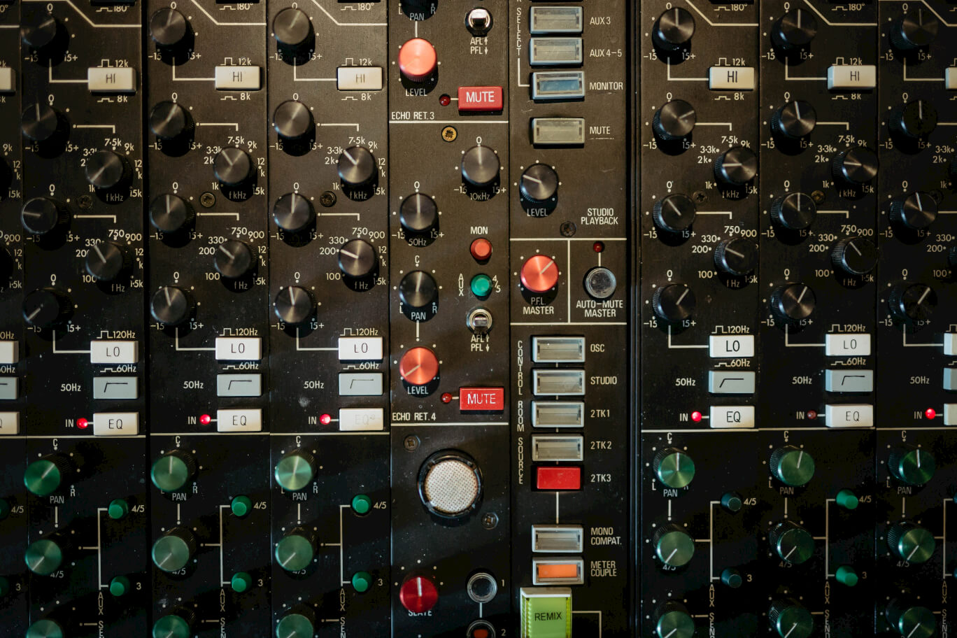 Close-up of EQ controls on the restored Trident 80B