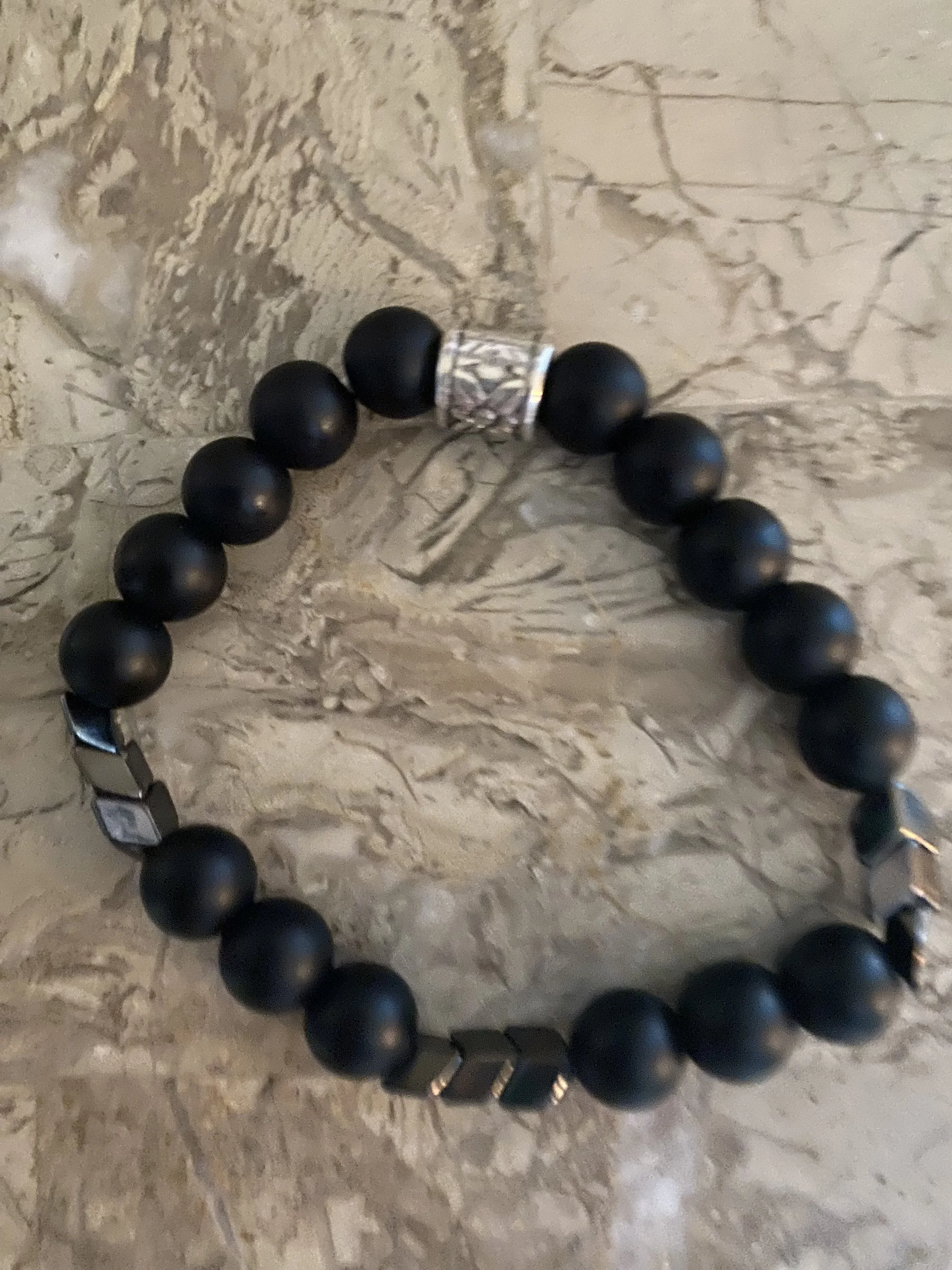 Matte Black Onyx semi-precious with triple chevrons in hematite