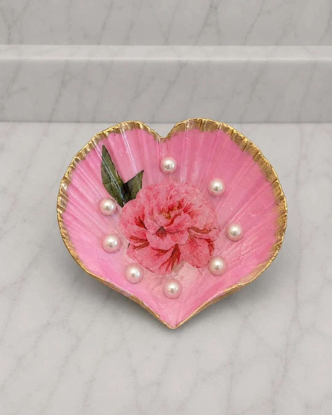 Pink Floral Pearl Heart Shaped Jewelry Tray and Trinket Dish