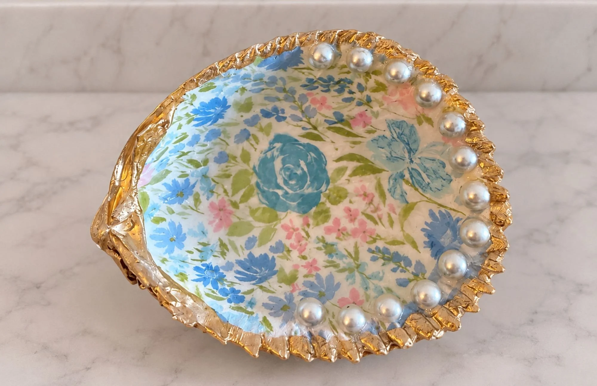 Blue Floral Garden Shell Jewelry Dish and Trinket Tray | Coastal Inspired Made by Raquel