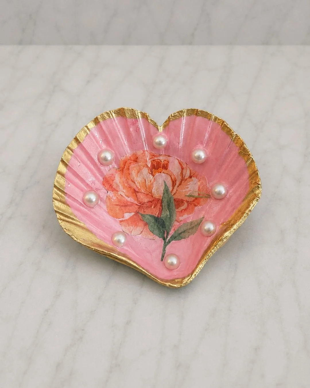 Floral Pearl Heart Shaped Shell Jewelry Tray and Trinket Dish