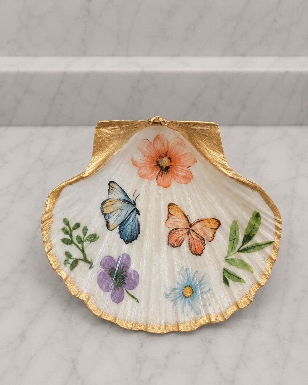 Botanical Butterfly Jewelry Dish and Trinket Tray with Gold Stand