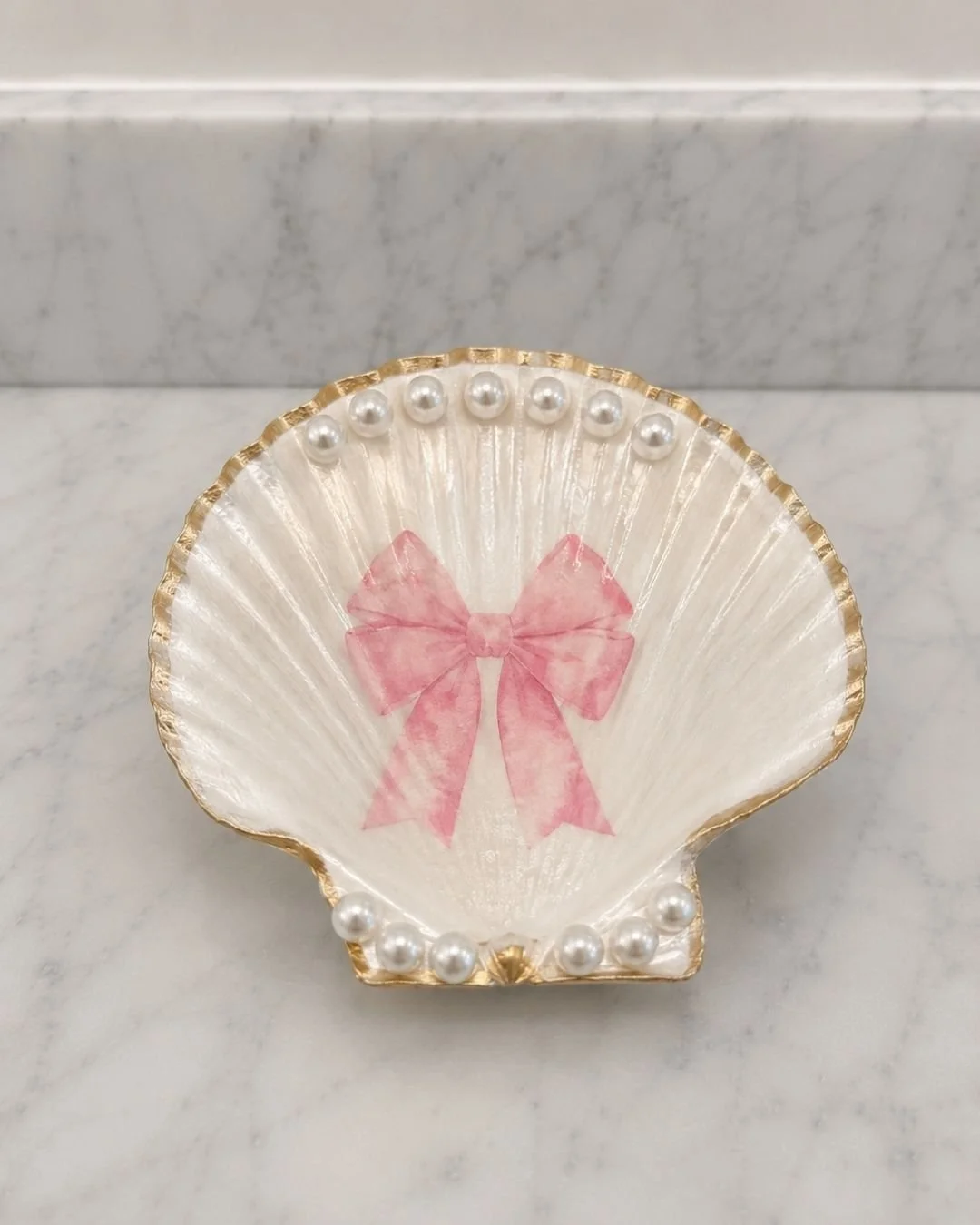 Pink Bow Pearl Shell Jewelry Dish and Trinket Tray | Coquette Inspired Made by Raquel