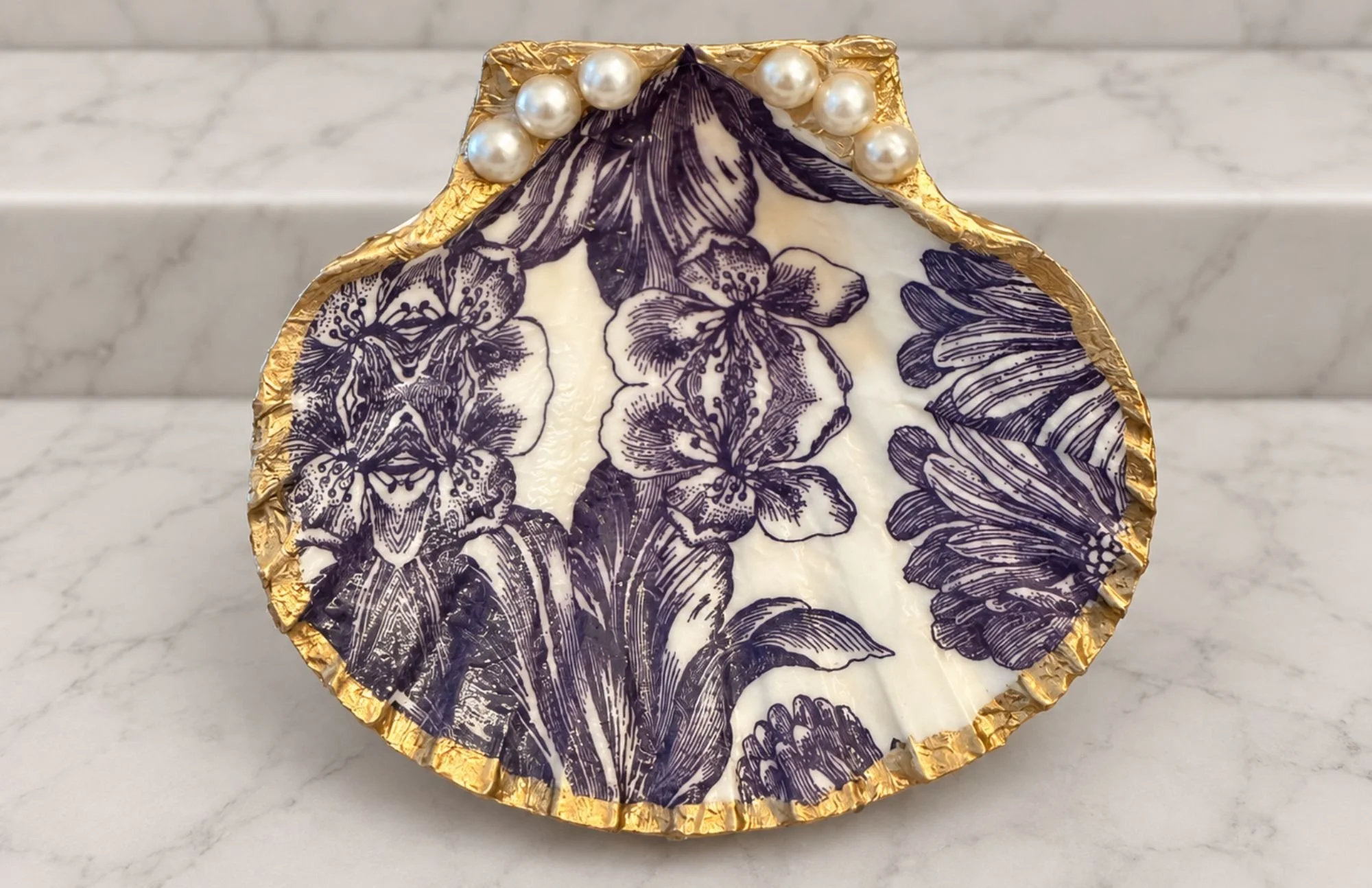Indigo Floral Shell Jewelry Dish and Trinket Tray with Stand | Made by Raquel