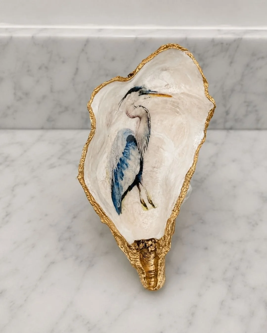 Blue Heron Oyster Shell Jewelry Tray and Trinket Dish | Coastal Inspired Made by Raquel