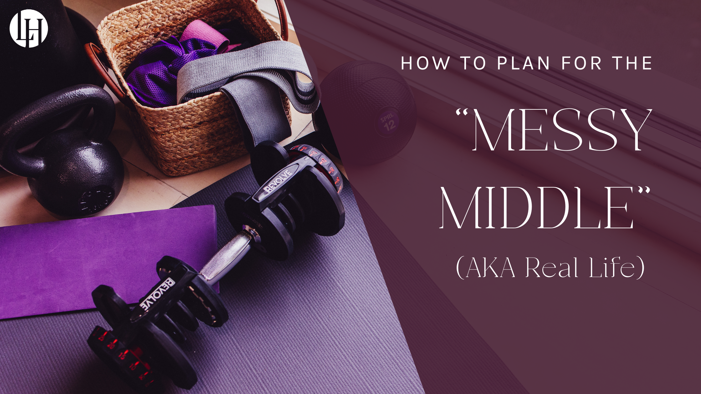 a basket of workout bands, next to a kettlebell, a yoga mat, and an adjustable weight