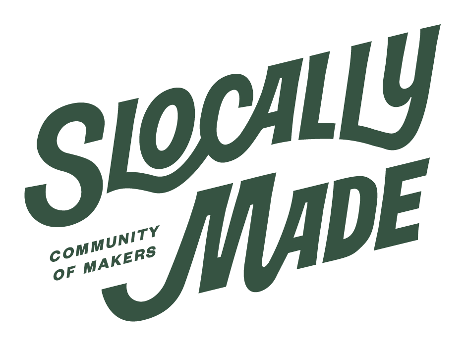 SLOcally Made logo, with the uppercase SLOCALLY letters set in the middle of a box. A cursive 