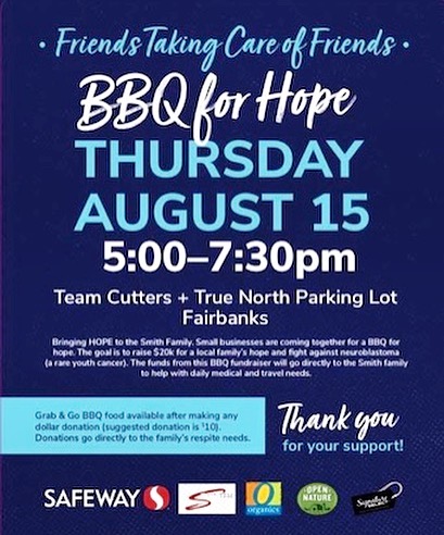 Take a break from the cooking this Thursday, August 15, and take the family out for a meal that will make a difference! Make a donation of any dollar amount and load up on some yummy BBQ! 100% of the money raised will go toward the Smith family’s travel and medical expenses as their daughter fights neuroblastoma (a rare youth cancer).