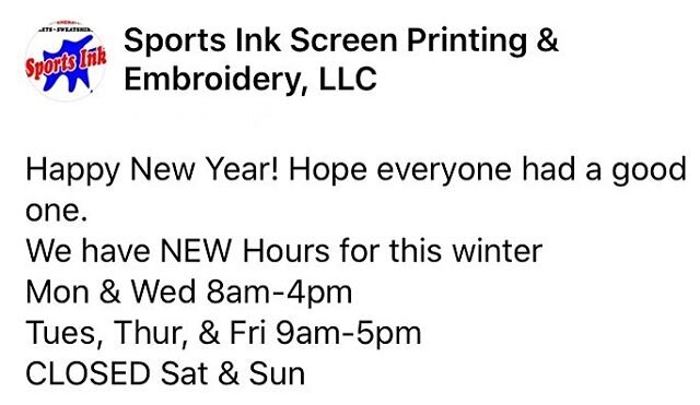 Hope everyone had a wonderful New Years! We would like to inform you that we have New Winter Hours! Also we have a SALE going on for the New Year. Check it out on our Facebook page. www.facebook.com/SportsInkManistee/