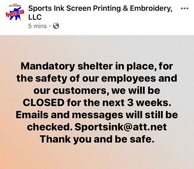 Mandatory shelter in place, for the safety of our employees and our customers, we will be CLOSED for the next 3 weeks. Emails and messages will still be checked. Please email us at Sportsink@att.net  Thank you and be safe.  #corona #besafe