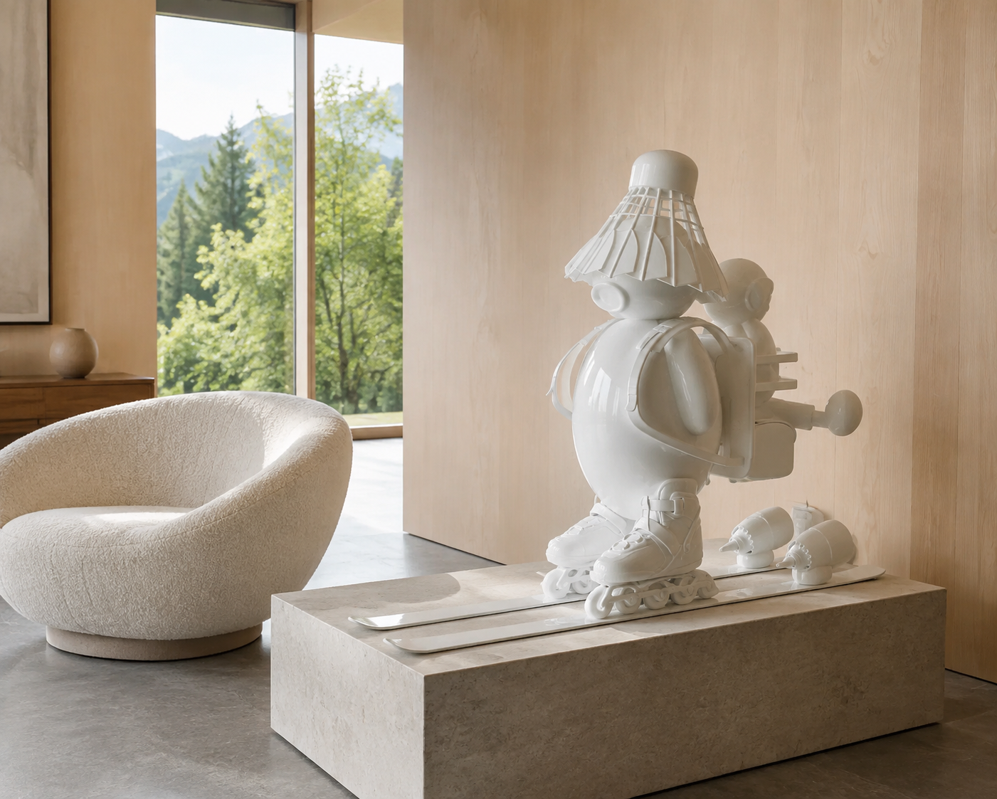 How I Learned To Ski, 24-inch sculpture displayed in a contemporary interior