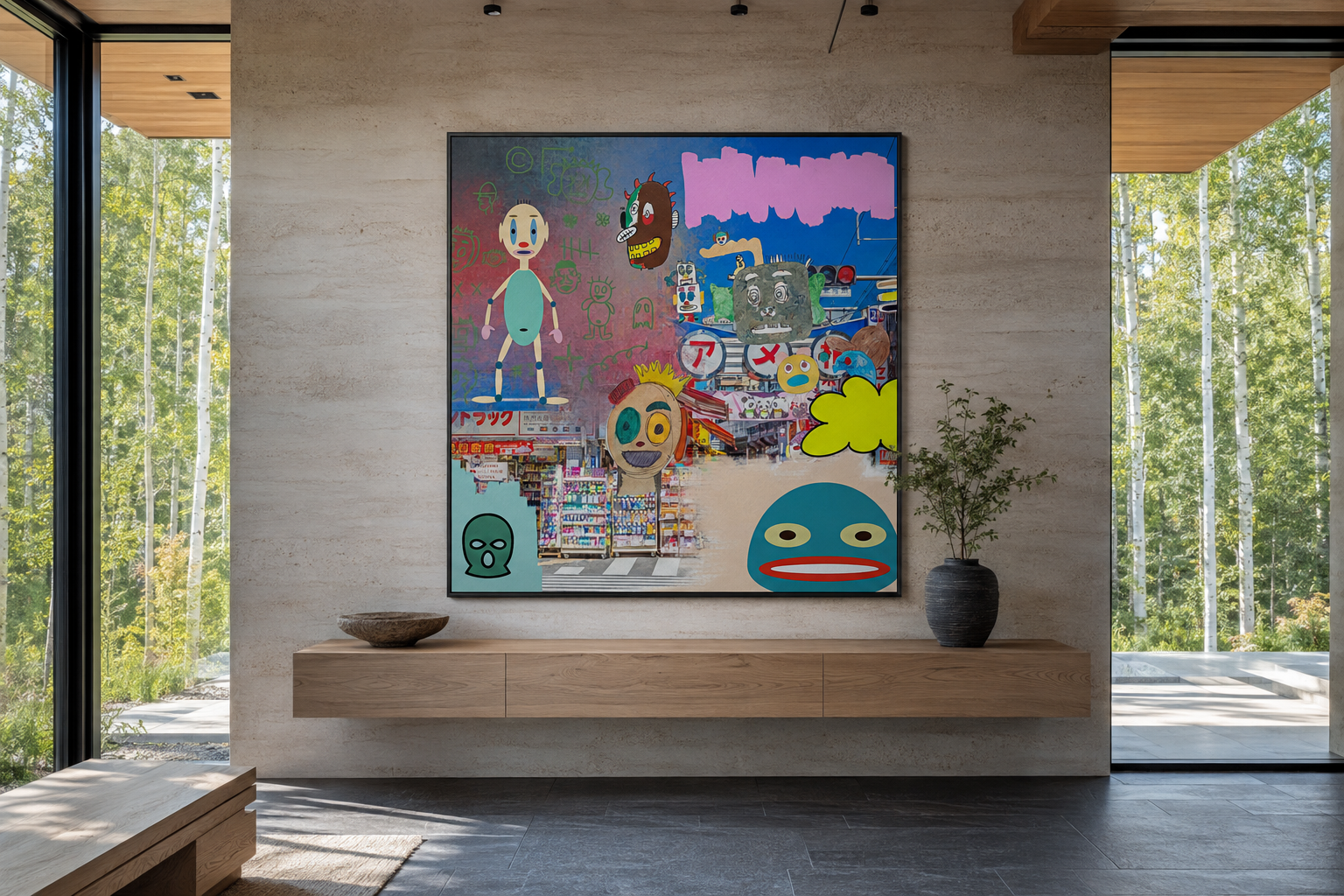 Japanese Candy Hunters, artwork by Alexander Reagan displayed in a contemporary interior