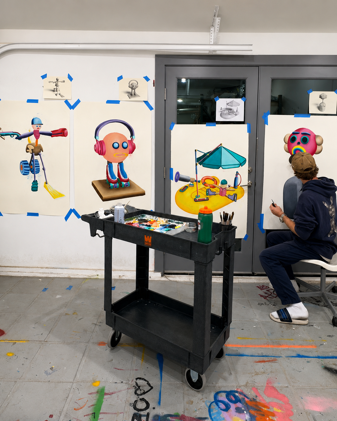 Alexander Reagan working on character artworks on paper in his studio