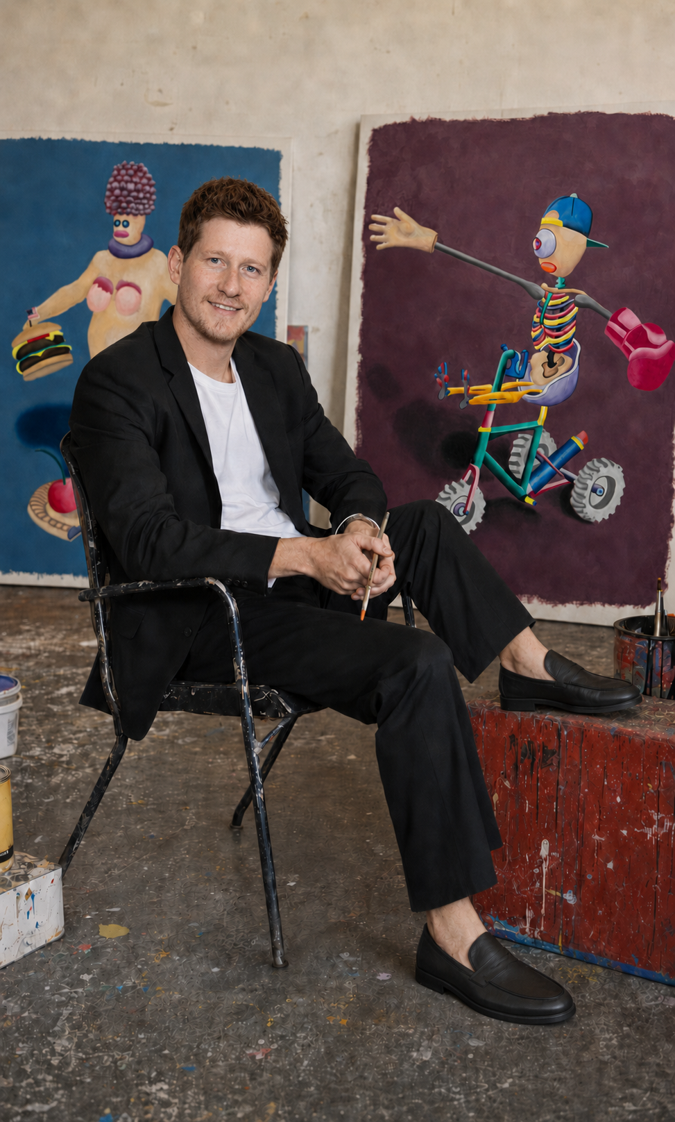 Artist Alexander Reagan seated in his studio with original paintings