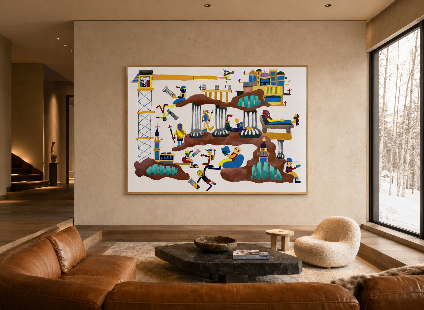 The Master Masons, oil and acrylic painting on canvas by Alexander Reagan displayed in a contemporary interior