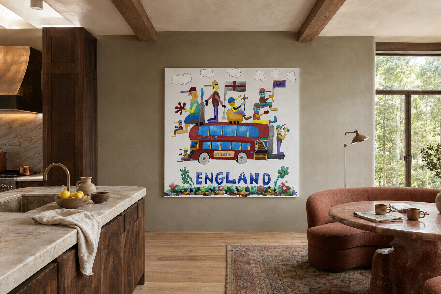 London Bus, oil and acrylic painting on canvas by Alexander Reagan displayed in a contemporary interior