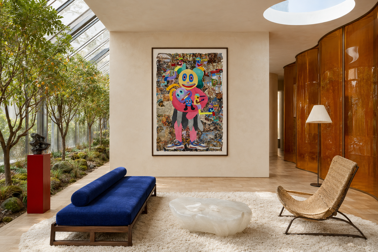 Loved Emperor, collage and oil work on German paper by Alexander Reagan displayed in a contemporary interior