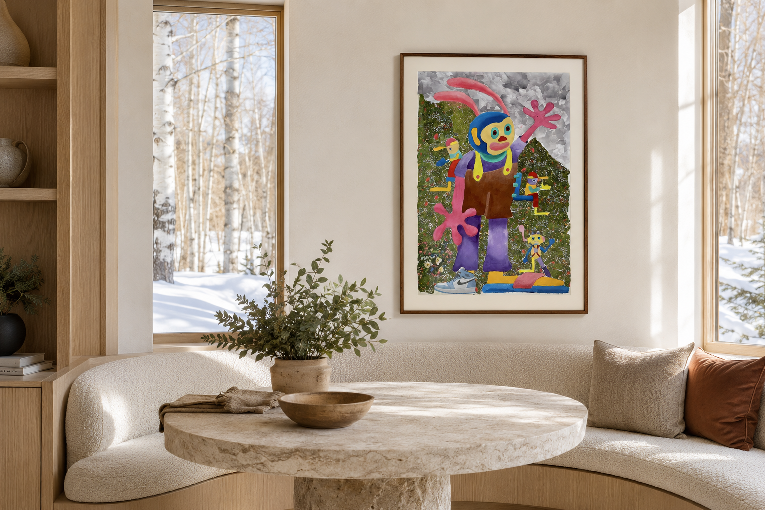 Garden, collage and oil work on German paper by Alexander Reagan displayed in a contemporary interior