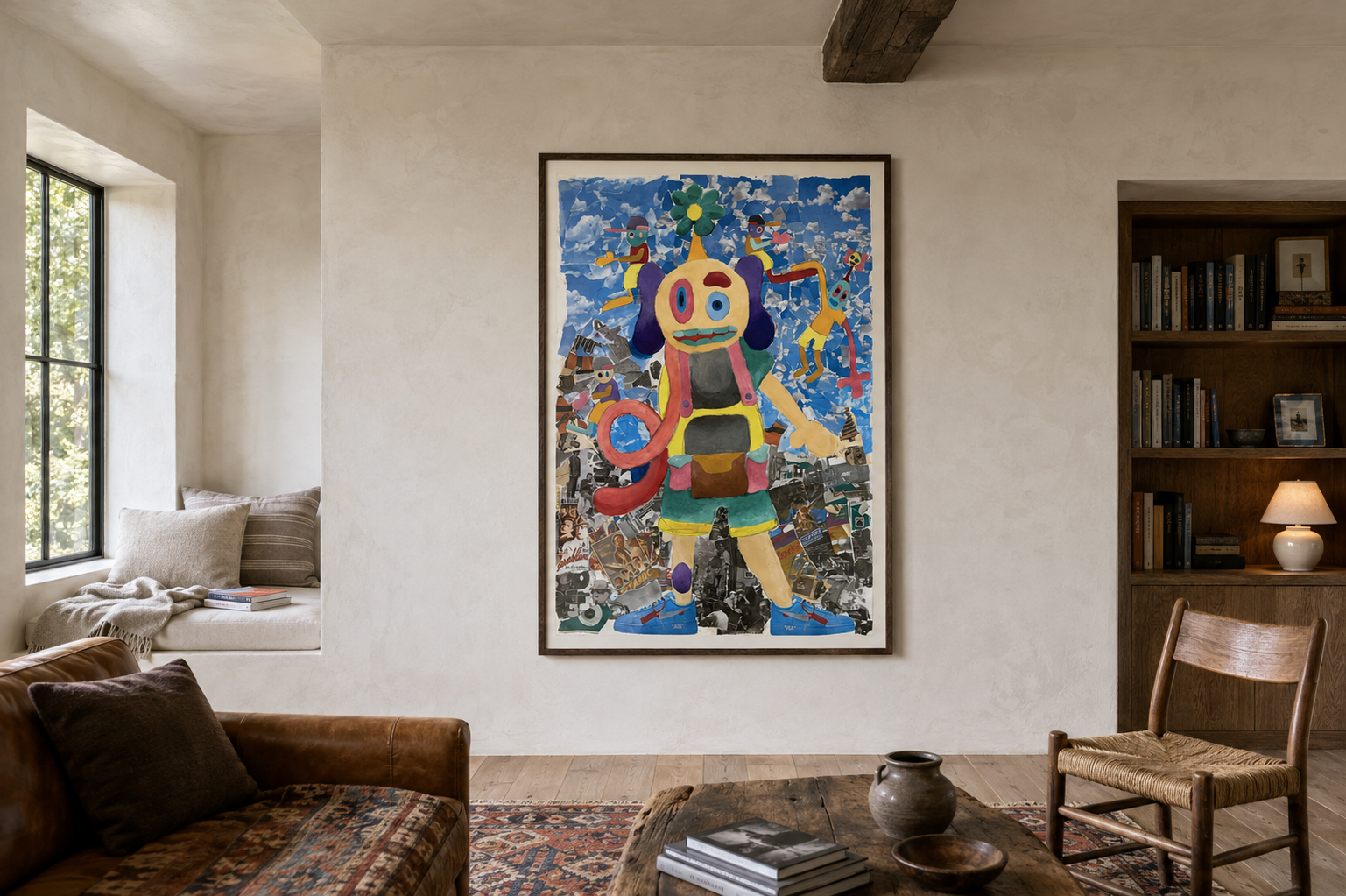 Movie Director, collage and oil work on German paper by Alexander Reagan displayed in a contemporary interior