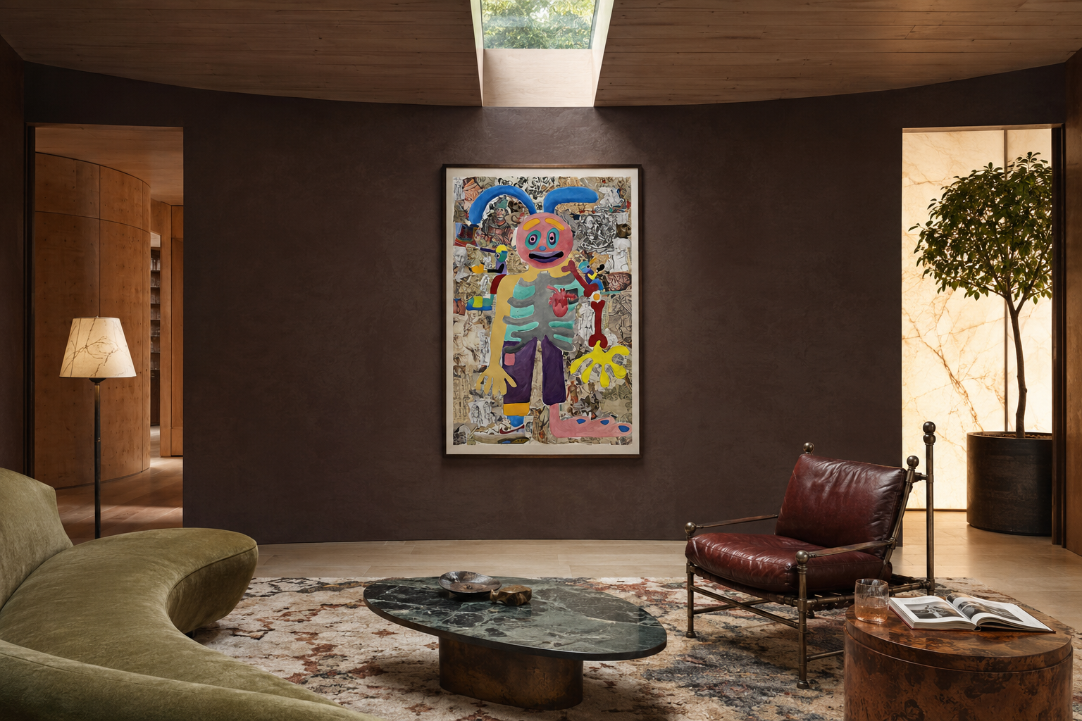 Doctor, collage and oil work on German paper by Alexander Reagan displayed in a contemporary interior