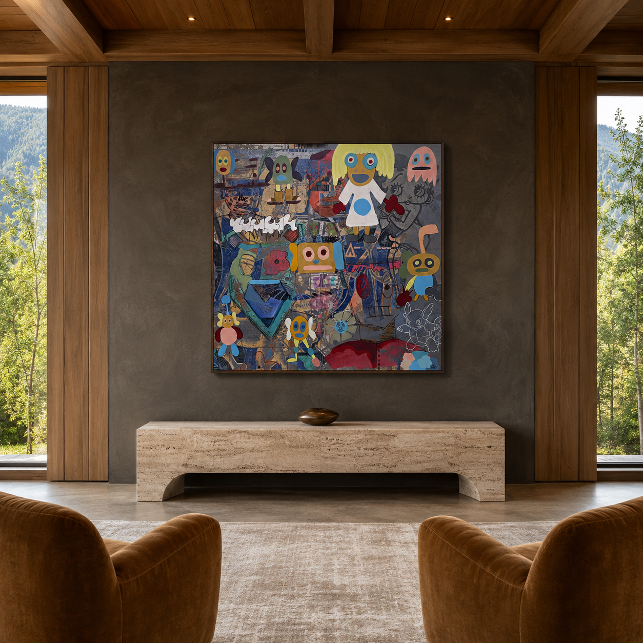 Da Vinci x Reagan, acrylic, oil and spray-paint work on canvas by Alexander Reagan displayed in a contemporary interior