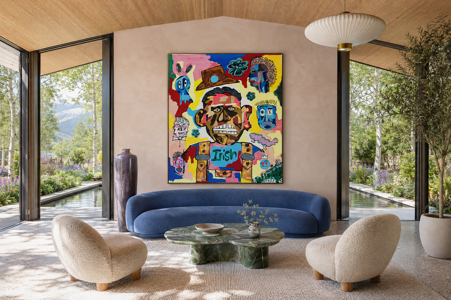 The Irish, acrylic, oil and spray-paint work on canvas by Alexander Reagan displayed in a contemporary interior