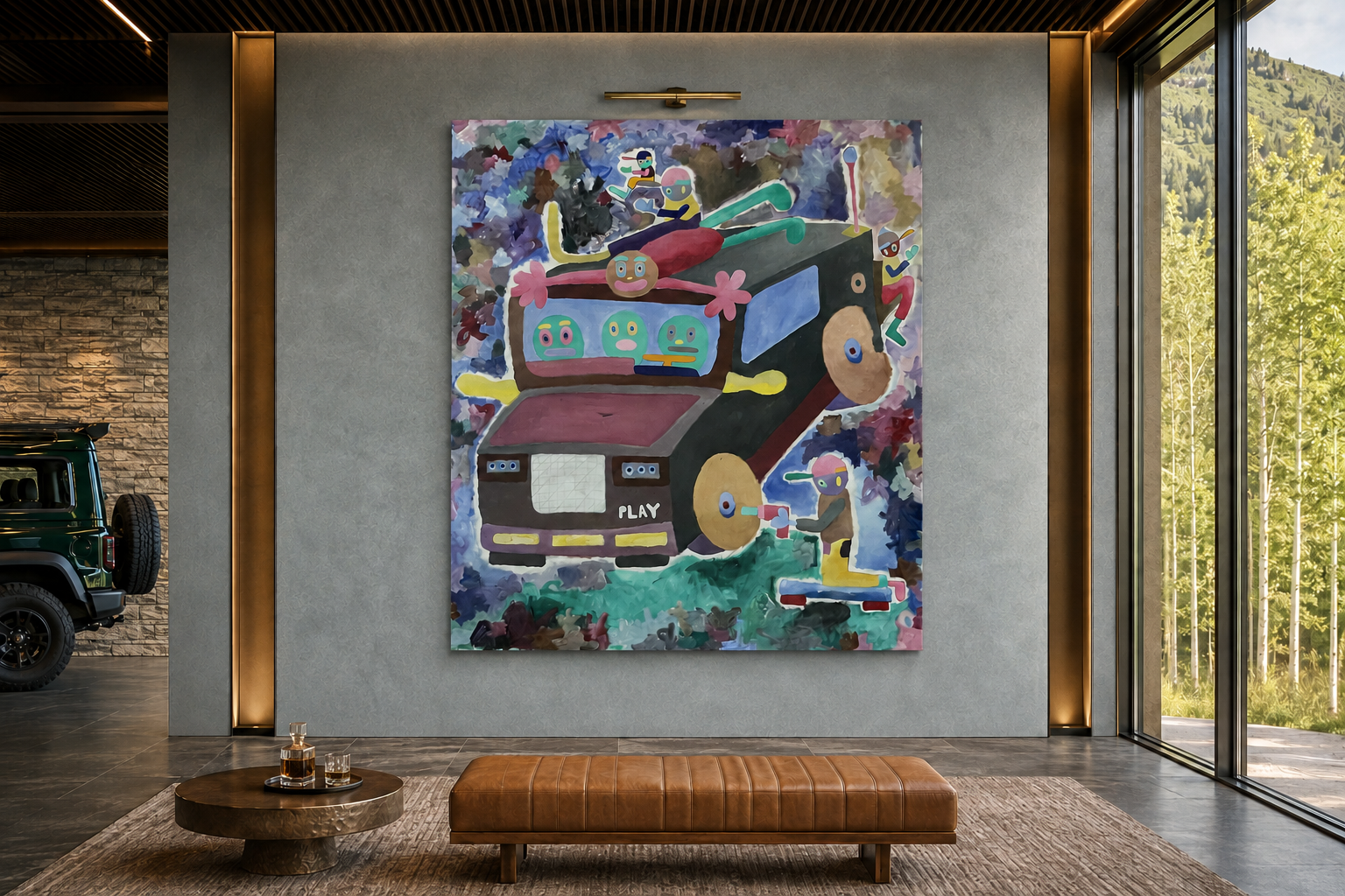 Jeep, oil painting on canvas by Alexander Reagan displayed in a contemporary interior