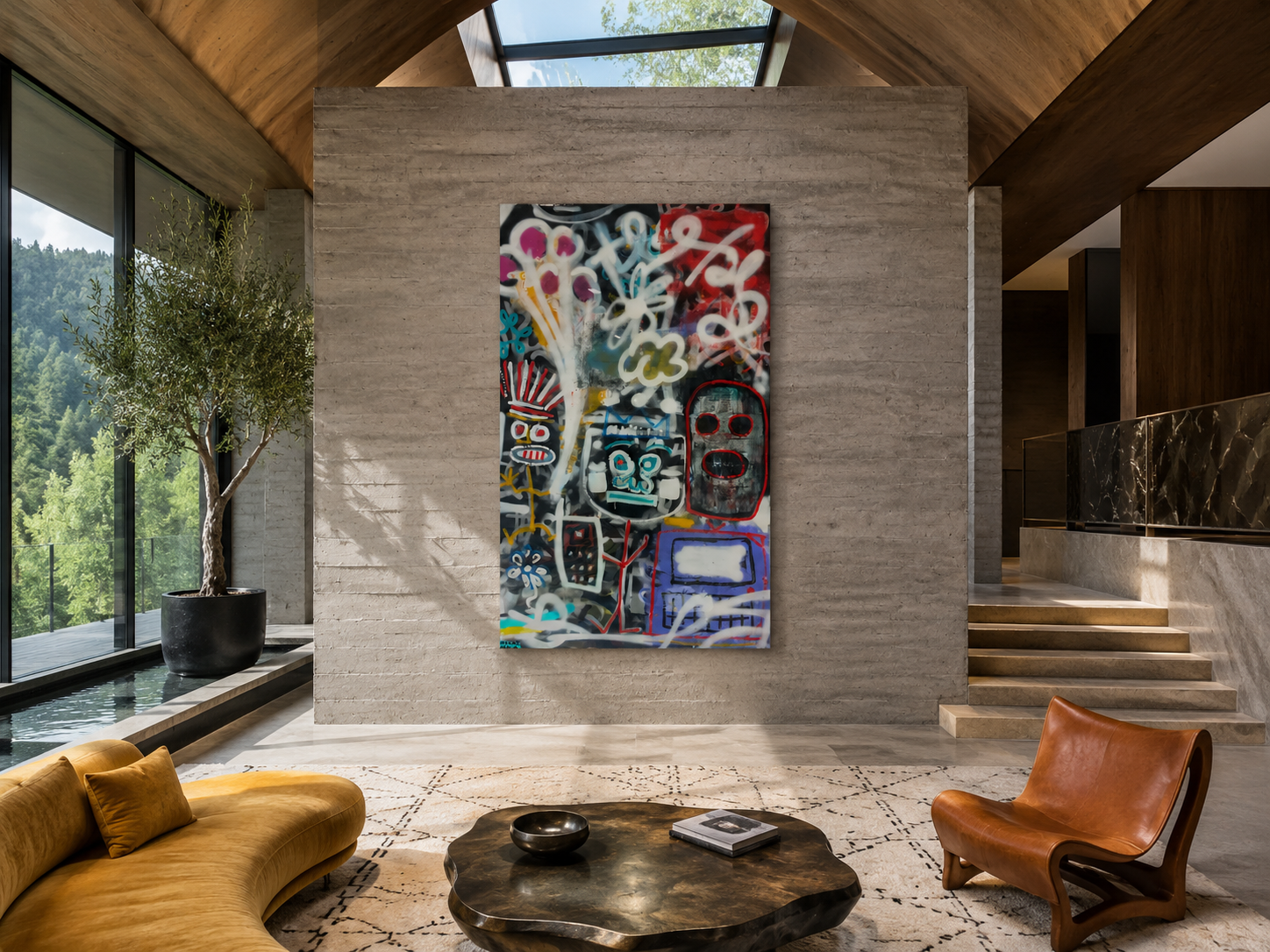 Three Amigos, mixed-media painting on canvas by Alexander Reagan displayed in a contemporary interior