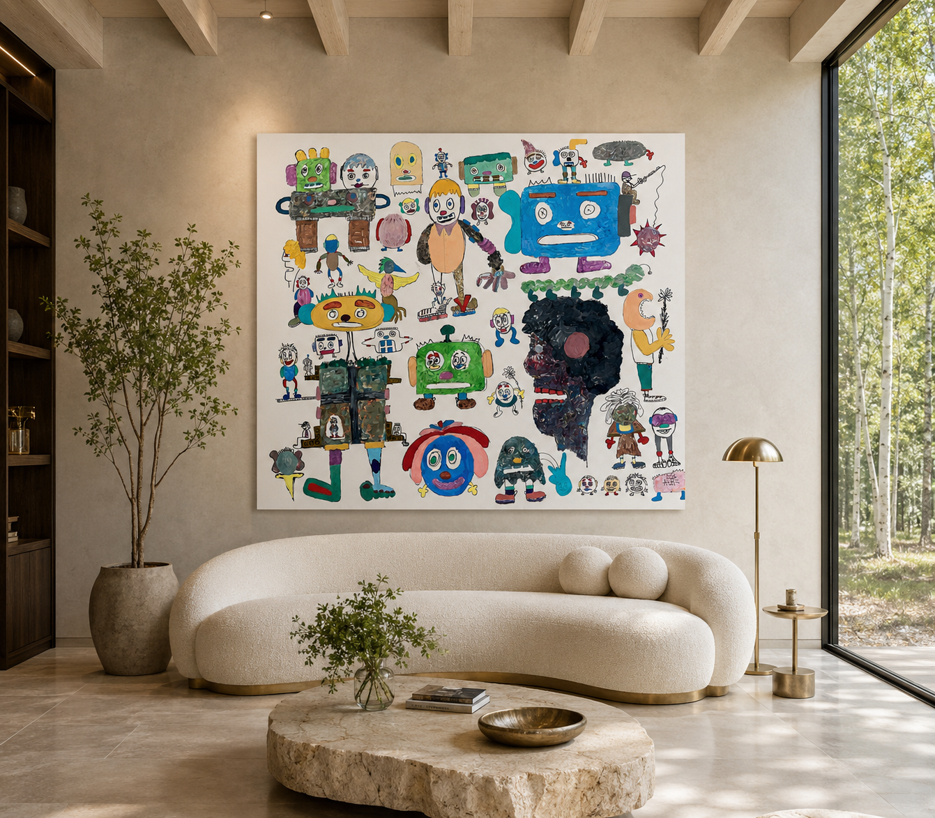 Mr. R Heaven 1, acrylic, oil and spray-paint work on canvas by Alexander Reagan displayed in a contemporary interior