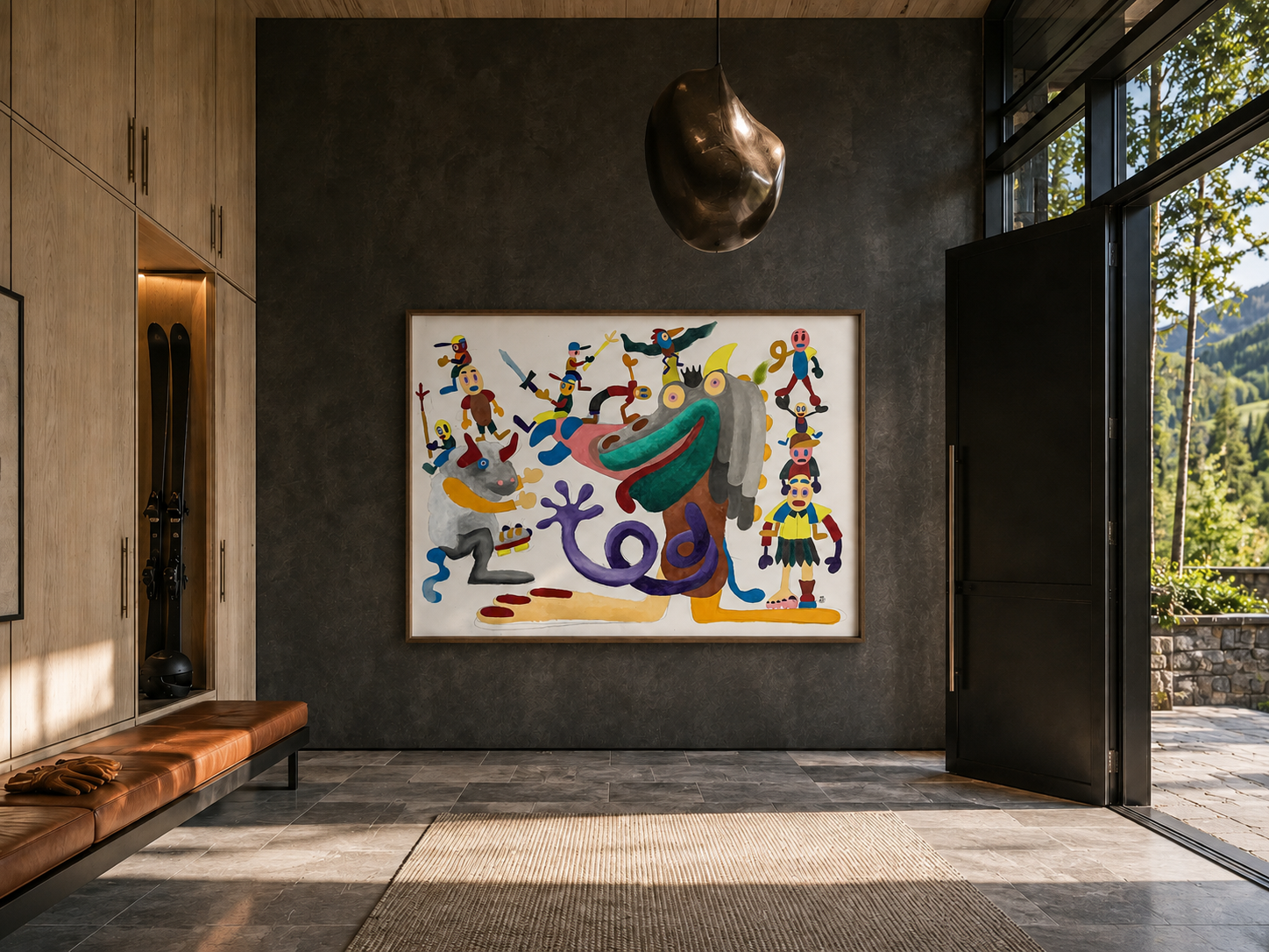 Happy Monsters, oil and acrylic painting on canvas by Alexander Reagan displayed in a contemporary interior