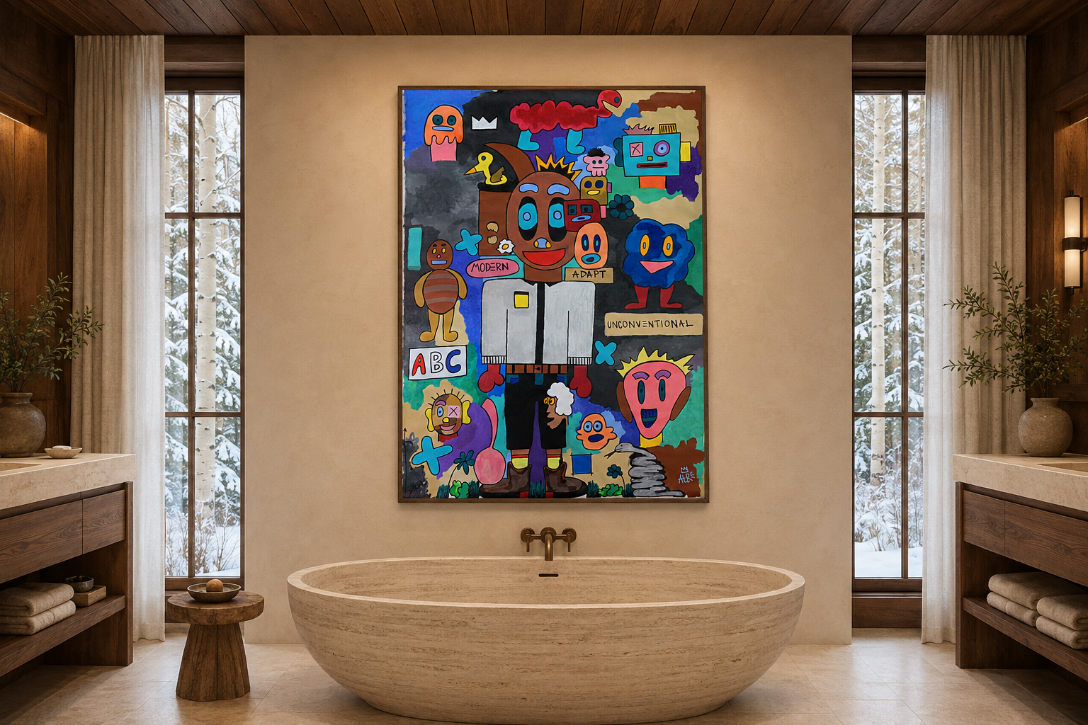 Mr.R-World, acrylic, oil and spray-paint work on canvas by Alexander Reagan displayed in a contemporary interior